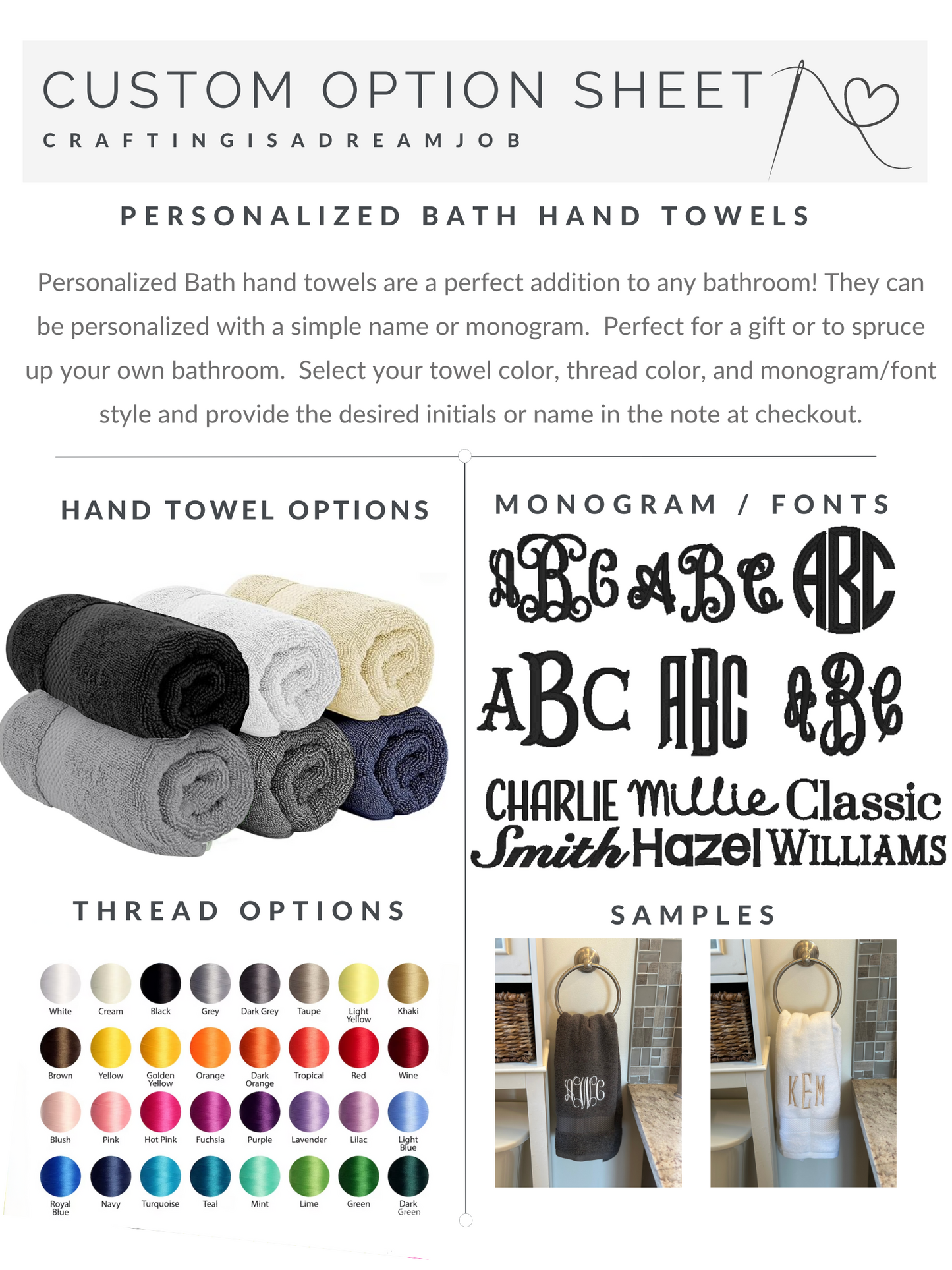 Monogrammed Personalized Bathroom Hand Towels -Cotton- Embroidered Monogram-Choose your Colors