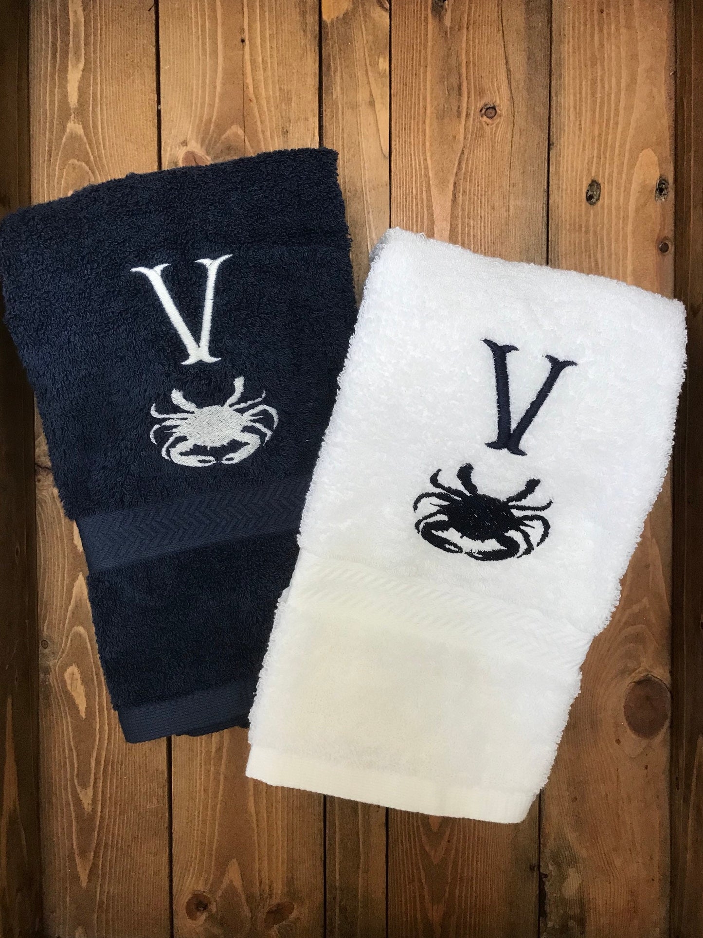 Crab Themed Personalized Bathroom Hand Towels or Kitchen Towels -Cotton- Embroidered - Choose your Towel and Colors - Bath Towel