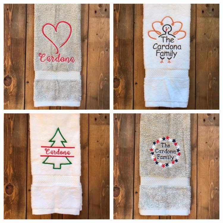 Holiday Personalized Bathroom Hand Towels -Cotton- Embroidered-Choose your Colors - Bath Towel