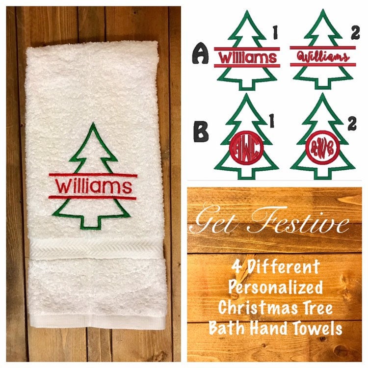 Personalized Christmas Tree Bath Hand Towels -Cotton- Embroidered-Christmas Decor - Bathroom Towel