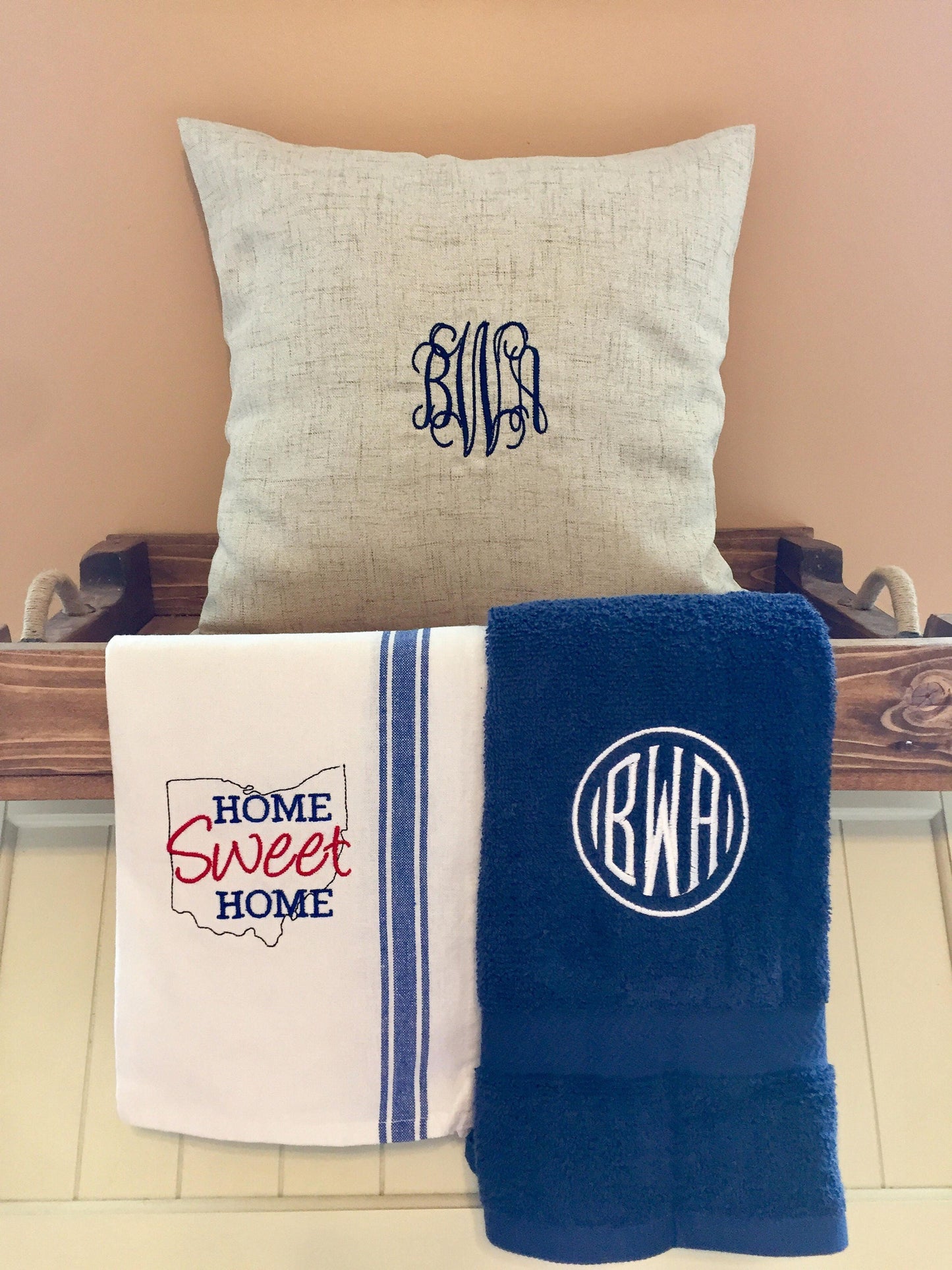 Housewarming Gift Set - Monogrammed Pillow, Kitchen Towel, and Monogrammed Bath Towel