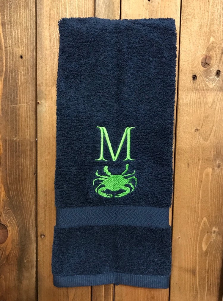 Crab Themed Personalized Bathroom Hand Towels or Kitchen Towels  -Cotton- Embroidered - Choose your Towel and Colors - Bath Towel