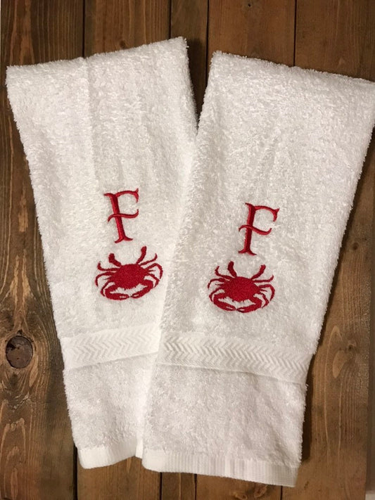 Crab Themed Personalized Bathroom Hand Towels or Kitchen Towels  -Cotton- Embroidered - Choose your Towel and Colors - Bath Towel