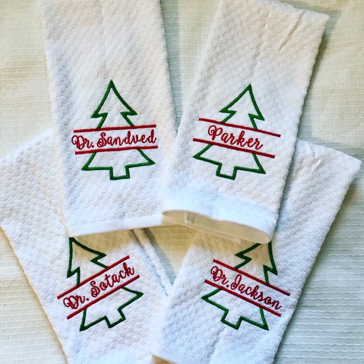 Personalized Christmas Tree Kitchen Dish Towels -Cotton- Embroidered-Christmas Decor - Kitchen Towel