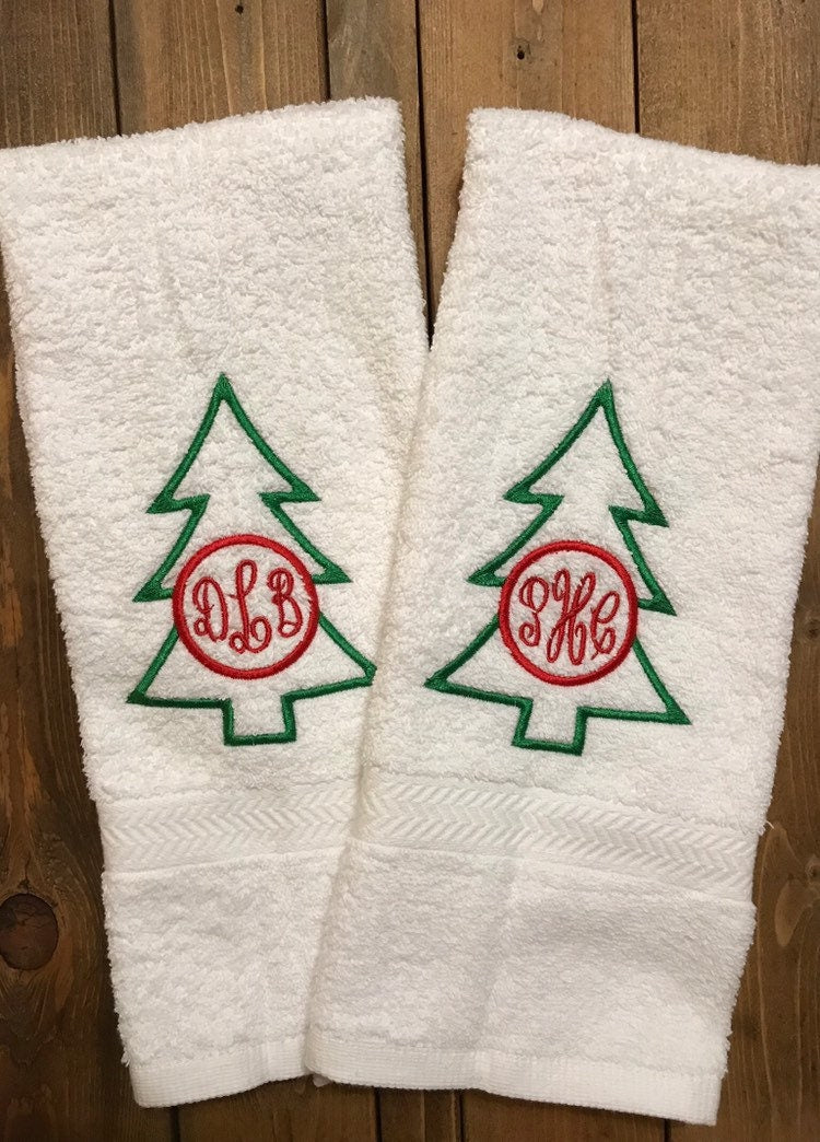 Personalized Christmas Tree Bath Hand Towels -Cotton- Embroidered-Christmas Decor - Bathroom Towel