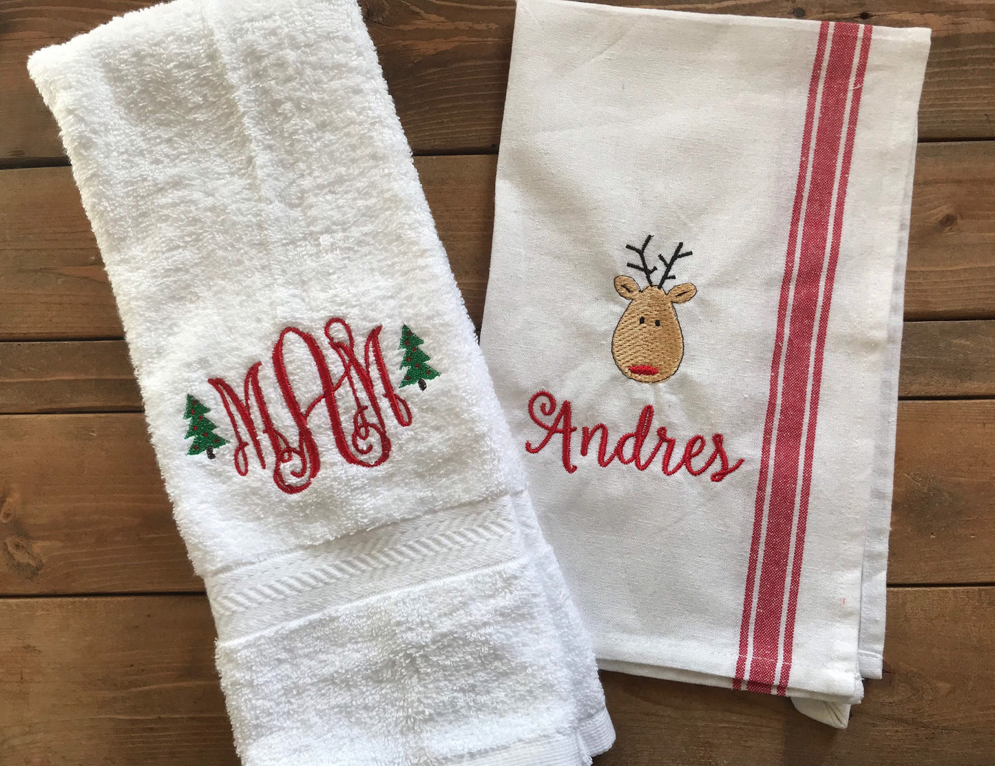 Christmas and Holiday Towel Gift Set - Monogrammed Kitchen and Bath Hand Towel - Personalized