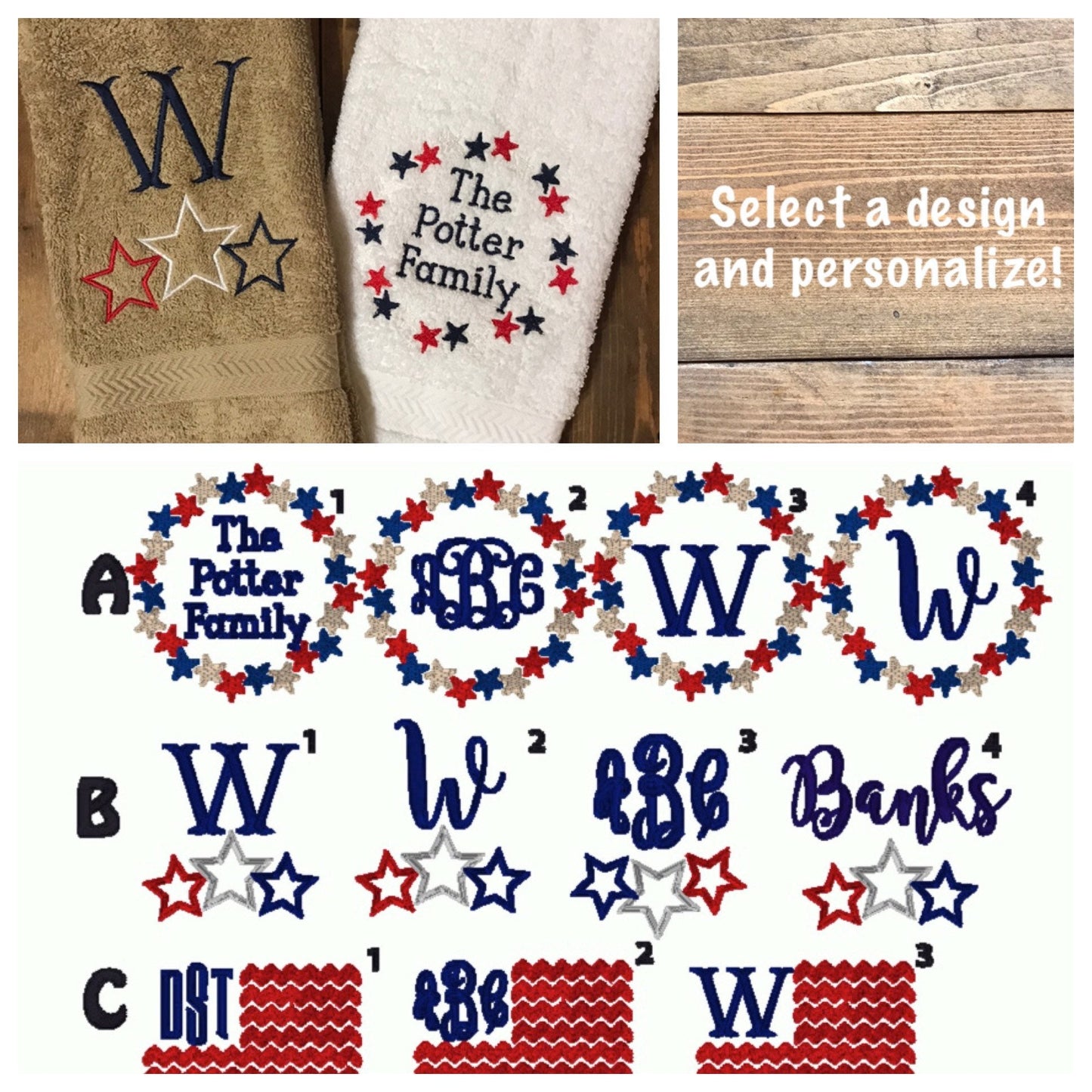 Patriotic Personalized Bathroom Hand Towels -Cotton- Embroidered-Great for boat